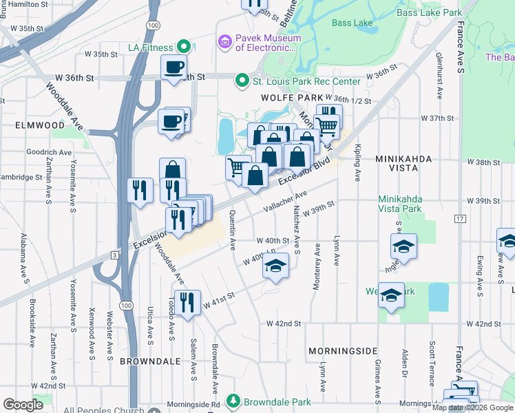 map of restaurants, bars, coffee shops, grocery stores, and more near 4815 Excelsior Boulevard in St. Louis Park
