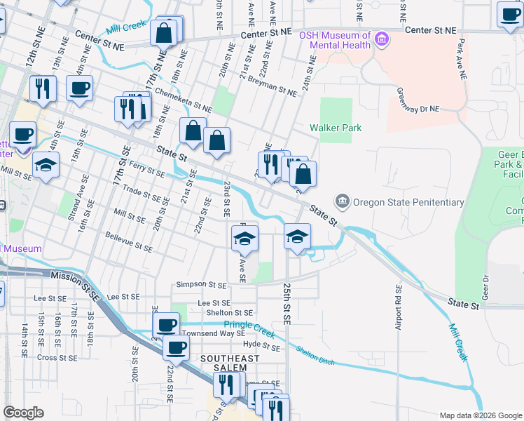 map of restaurants, bars, coffee shops, grocery stores, and more near 165 24th Street Southeast in Salem