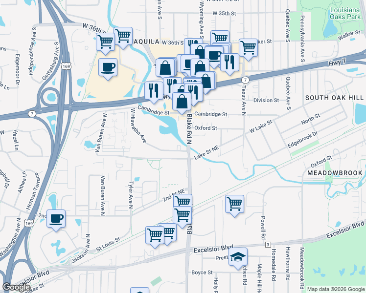 map of restaurants, bars, coffee shops, grocery stores, and more near 431 Blake Road North in Hopkins