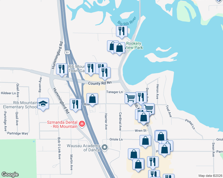 map of restaurants, bars, coffee shops, grocery stores, and more near 151621 County Road NN in Wausau
