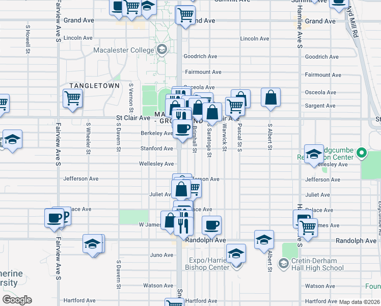 map of restaurants, bars, coffee shops, grocery stores, and more near 300 Snelling Avenue South in Saint Paul