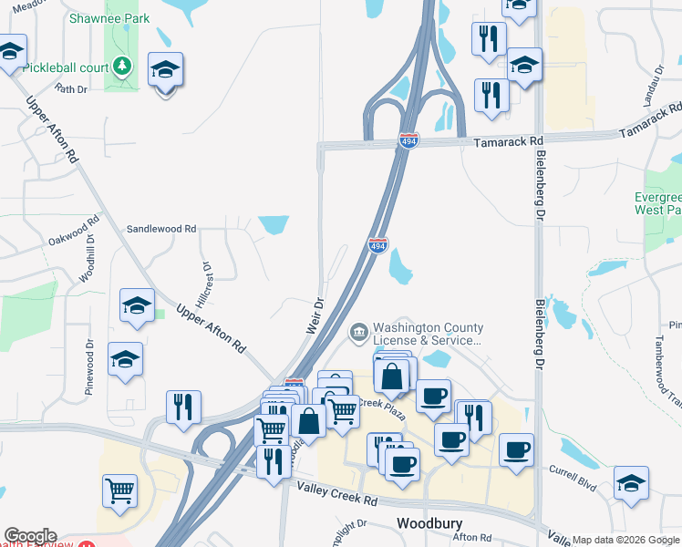 map of restaurants, bars, coffee shops, grocery stores, and more near 1103 Weir Drive in Woodbury