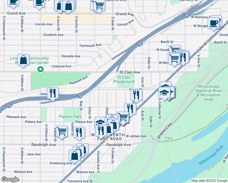 map of restaurants, bars, coffee shops, grocery stores, and more near 305 Toronto Street in Saint Paul