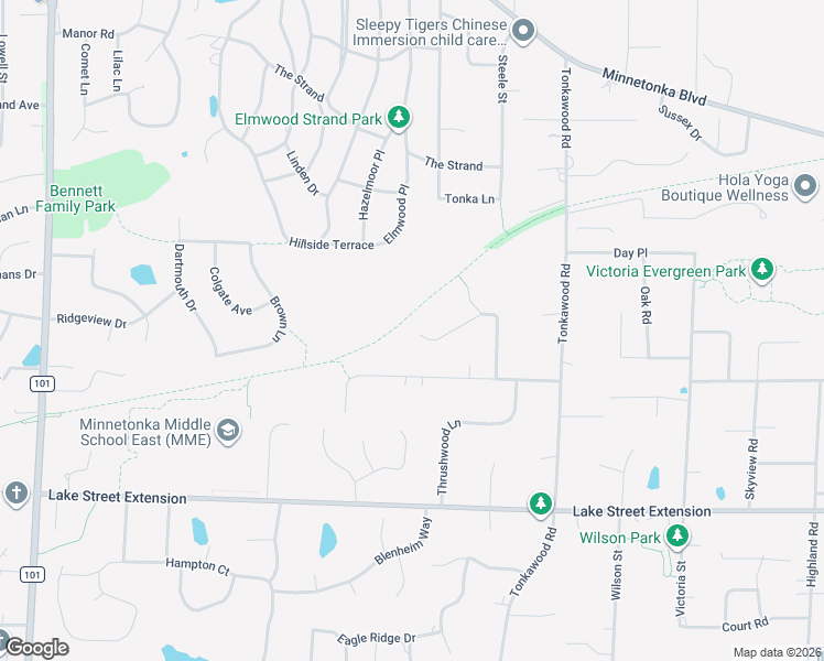 map of restaurants, bars, coffee shops, grocery stores, and more near 16418 Pine Street in Minnetonka