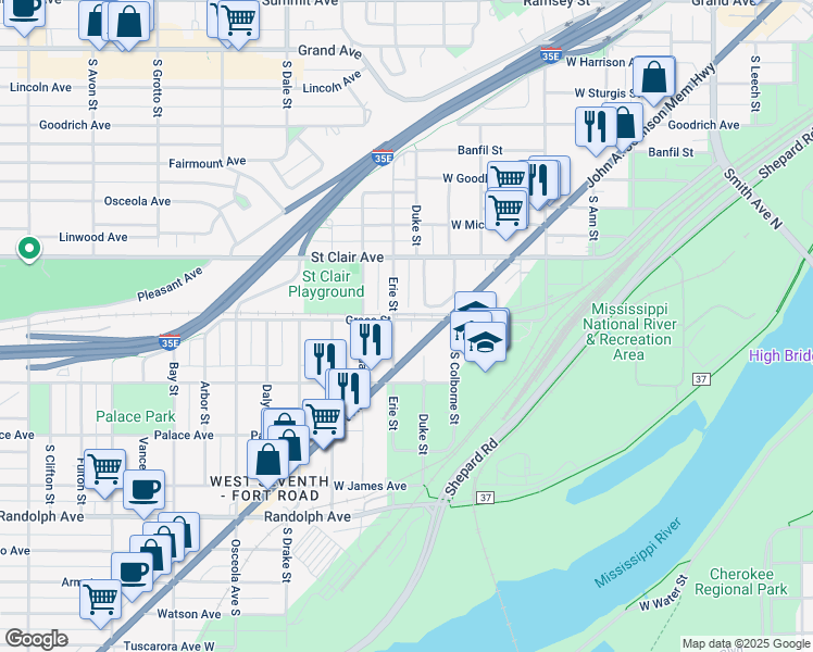 map of restaurants, bars, coffee shops, grocery stores, and more near 288 Erie Street in Saint Paul