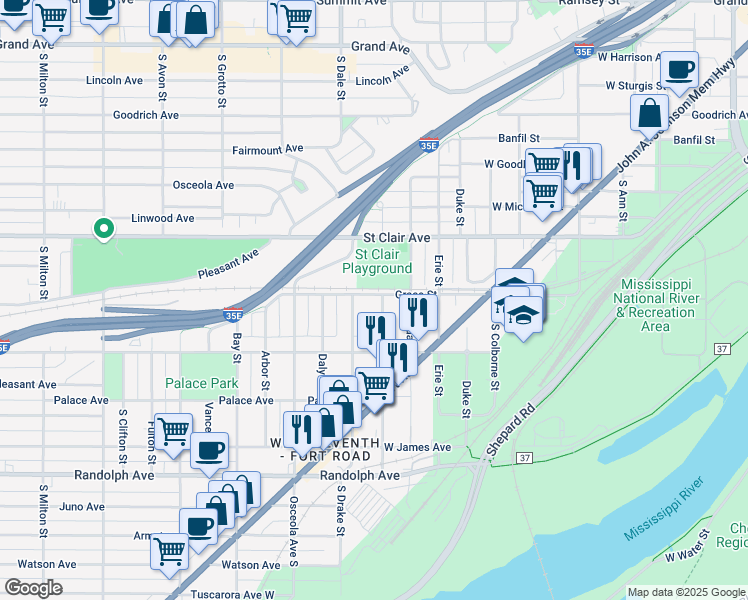 map of restaurants, bars, coffee shops, grocery stores, and more near 300 Webster Street in Saint Paul