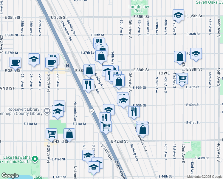 map of restaurants, bars, coffee shops, grocery stores, and more near 3312 East 39th Street in Minneapolis
