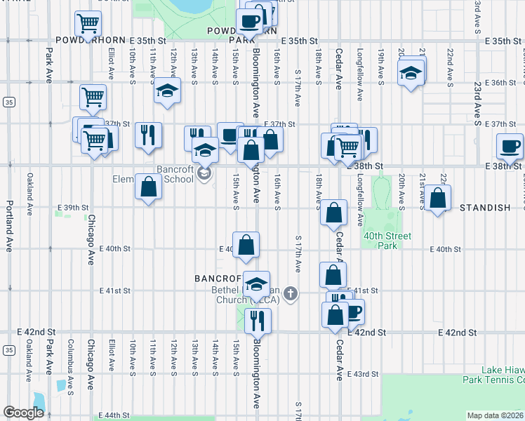 map of restaurants, bars, coffee shops, grocery stores, and more near 3849 Bloomington Avenue in Minneapolis