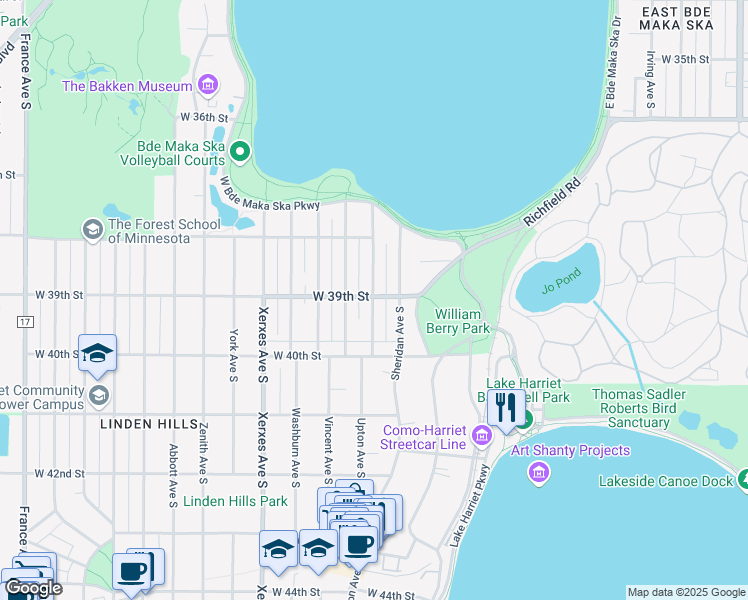 map of restaurants, bars, coffee shops, grocery stores, and more near 3844 Sheridan Avenue South in Minneapolis