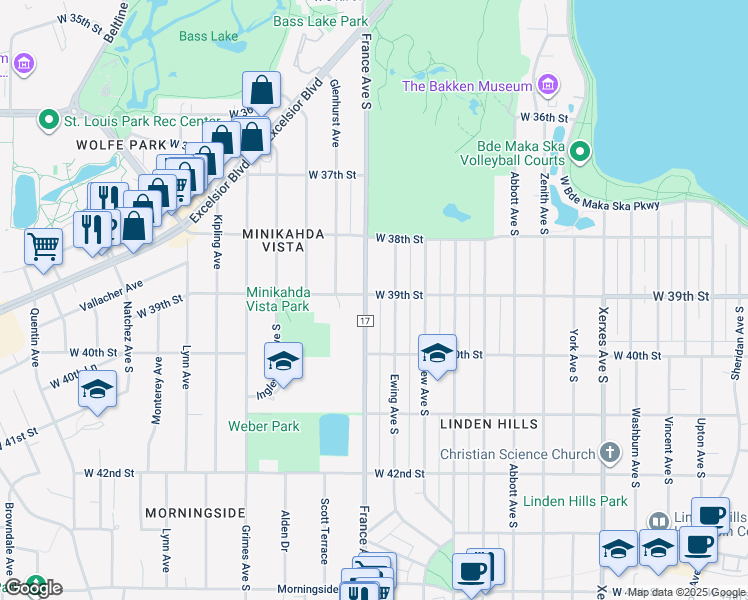 map of restaurants, bars, coffee shops, grocery stores, and more near 3841 France Avenue South in Minneapolis