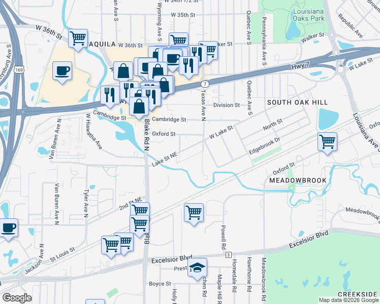 map of restaurants, bars, coffee shops, grocery stores, and more near 1405 Lake Street Northeast in Hopkins
