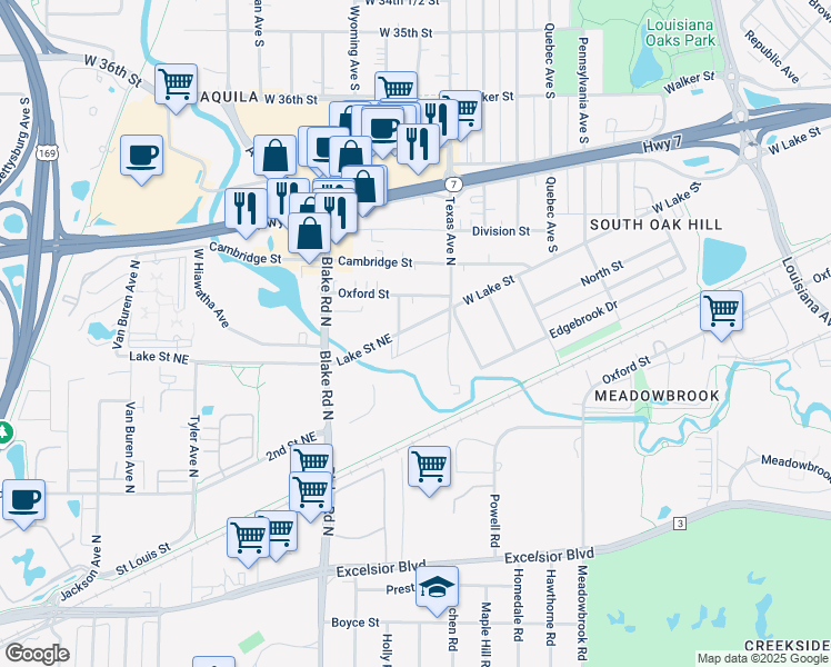 map of restaurants, bars, coffee shops, grocery stores, and more near 1405 Lake Street Northeast in Hopkins