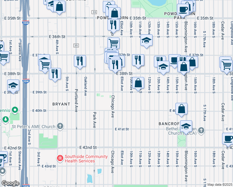 map of restaurants, bars, coffee shops, grocery stores, and more near 3901 Chicago Avenue in Minneapolis