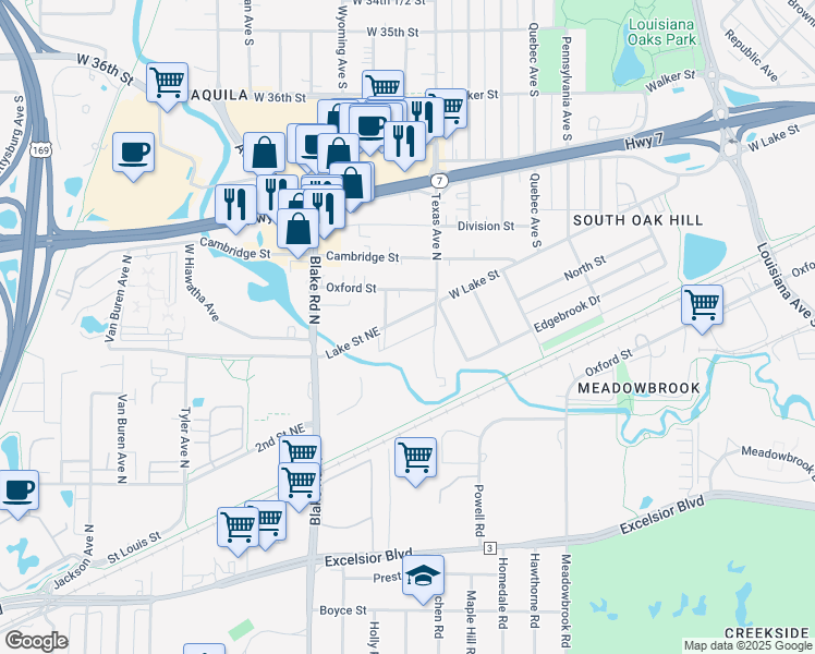 map of restaurants, bars, coffee shops, grocery stores, and more near 1405 Lake Street Northeast in Hopkins
