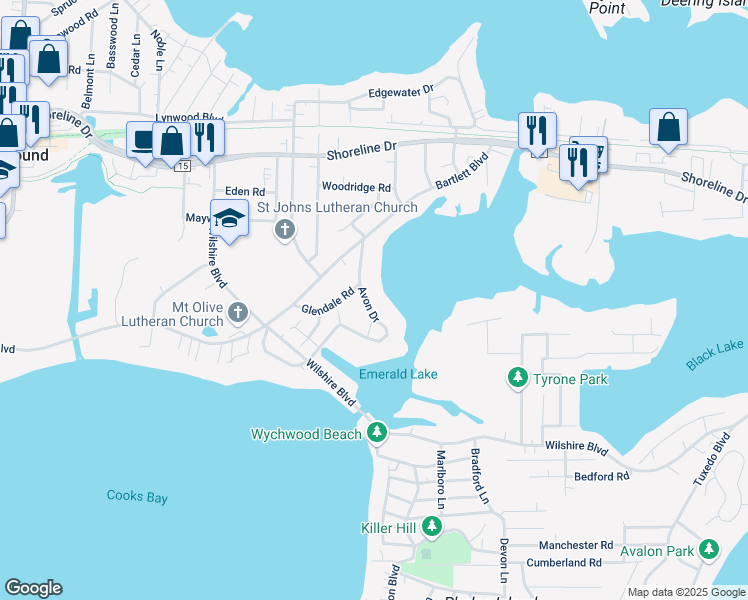 map of restaurants, bars, coffee shops, grocery stores, and more near 2516 Avon Drive in Mound