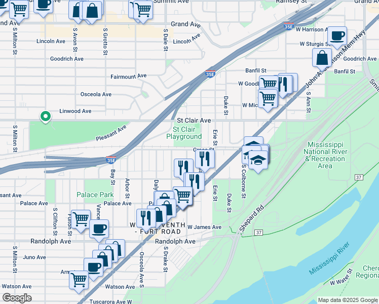 map of restaurants, bars, coffee shops, grocery stores, and more near 300 Webster Street in Saint Paul