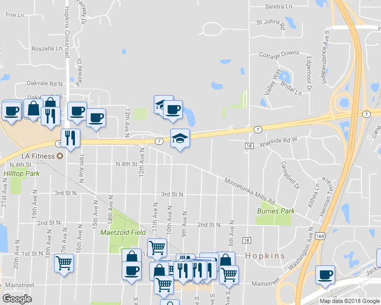 map of restaurants, bars, coffee shops, grocery stores, and more near 801 Minnetonka Mills Road in Hopkins