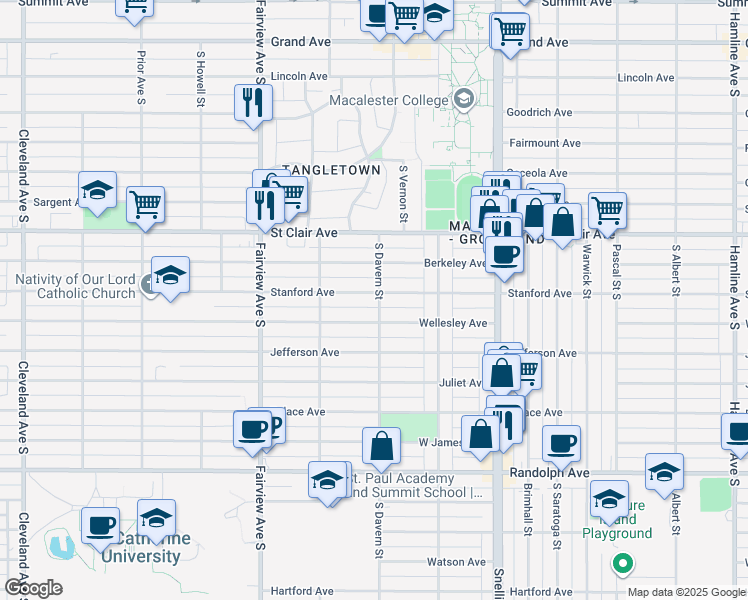 map of restaurants, bars, coffee shops, grocery stores, and more near 1700 Stanford Avenue in Saint Paul