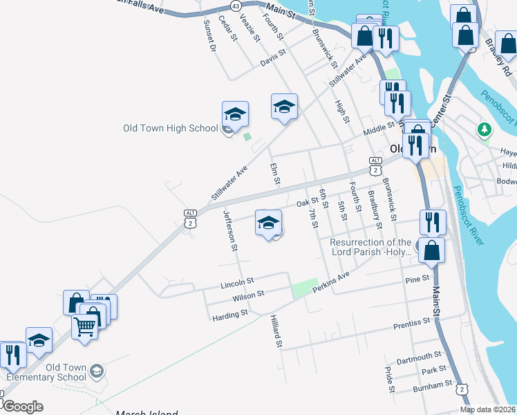 map of restaurants, bars, coffee shops, grocery stores, and more near 357 Center Street in Old Town