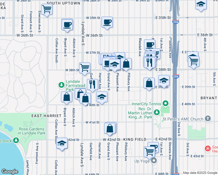 map of restaurants, bars, coffee shops, grocery stores, and more near Grand Avenue South & West 39th Street in Minneapolis