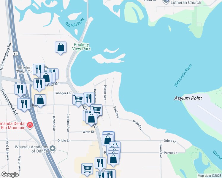 map of restaurants, bars, coffee shops, grocery stores, and more near 2702 Teal Avenue in Wausau