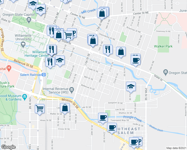 map of restaurants, bars, coffee shops, grocery stores, and more near 321 19th Street Southeast in Salem