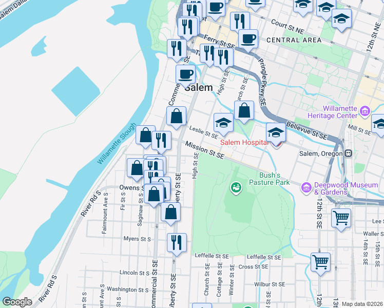 map of restaurants, bars, coffee shops, grocery stores, and more near 868 Liberty Street Southeast in Salem