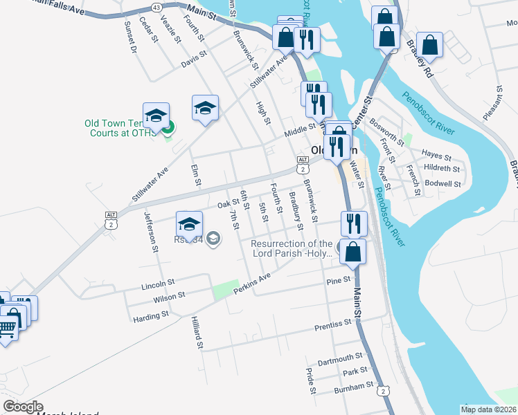 map of restaurants, bars, coffee shops, grocery stores, and more near 53 Oak Street in Old Town