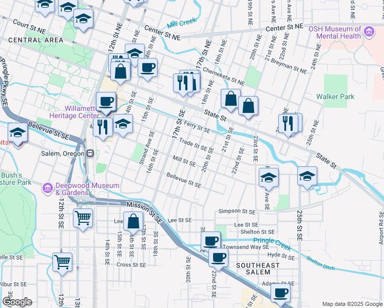map of restaurants, bars, coffee shops, grocery stores, and more near 321 19th Street Southeast in Salem