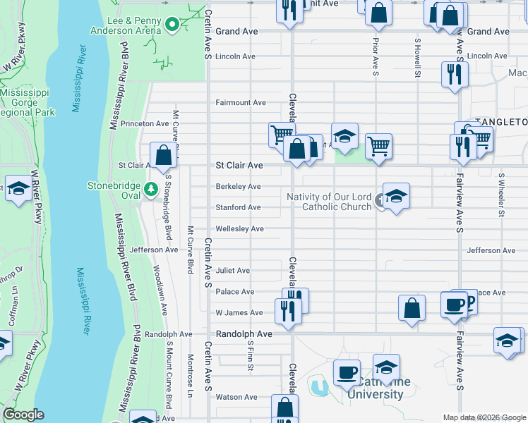 map of restaurants, bars, coffee shops, grocery stores, and more near 2102 Stanford Avenue in Saint Paul