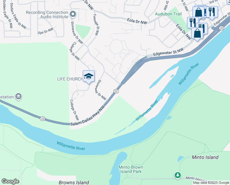 map of restaurants, bars, coffee shops, grocery stores, and more near 2277 Salem Dallas Highway Northwest in Salem