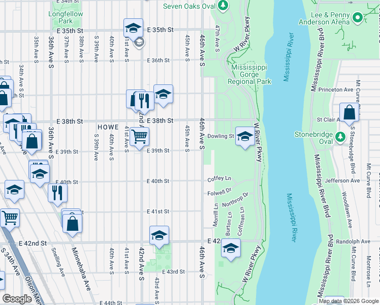 map of restaurants, bars, coffee shops, grocery stores, and more near 3901 45th Avenue South in Minneapolis