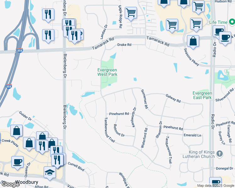 map of restaurants, bars, coffee shops, grocery stores, and more near 7816 Somerset Road in Woodbury