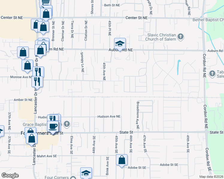 map of restaurants, bars, coffee shops, grocery stores, and more near 351 Monroe Court Northeast in Salem