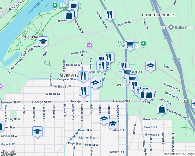 map of restaurants, bars, coffee shops, grocery stores, and more near 7 Congress Street West in Saint Paul