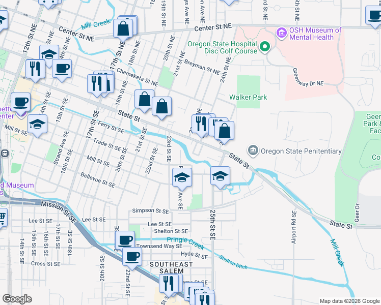 map of restaurants, bars, coffee shops, grocery stores, and more near 165 24th Street Southeast in Salem