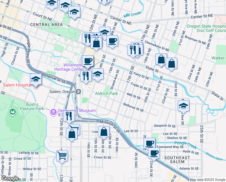 map of restaurants, bars, coffee shops, grocery stores, and more near 1562 Mill Street Southeast in Salem