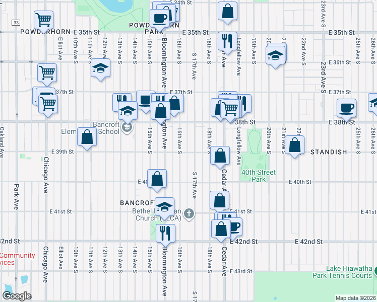 map of restaurants, bars, coffee shops, grocery stores, and more near 1612 East 39th Street in Minneapolis