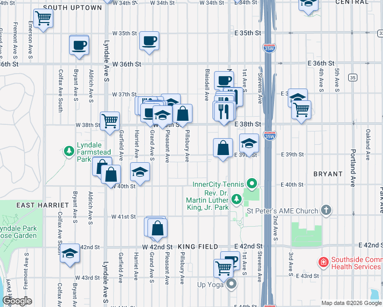 map of restaurants, bars, coffee shops, grocery stores, and more near 118 West 39th Street in Minneapolis
