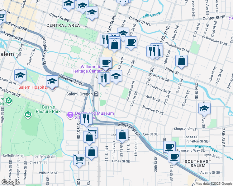 map of restaurants, bars, coffee shops, grocery stores, and more near 410 14th Street Southeast in Salem