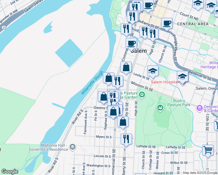 map of restaurants, bars, coffee shops, grocery stores, and more near 890 Saginaw Street South in Salem