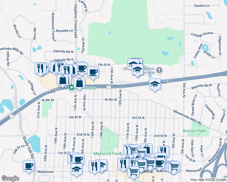 map of restaurants, bars, coffee shops, grocery stores, and more near 425 13th Avenue North in Hopkins