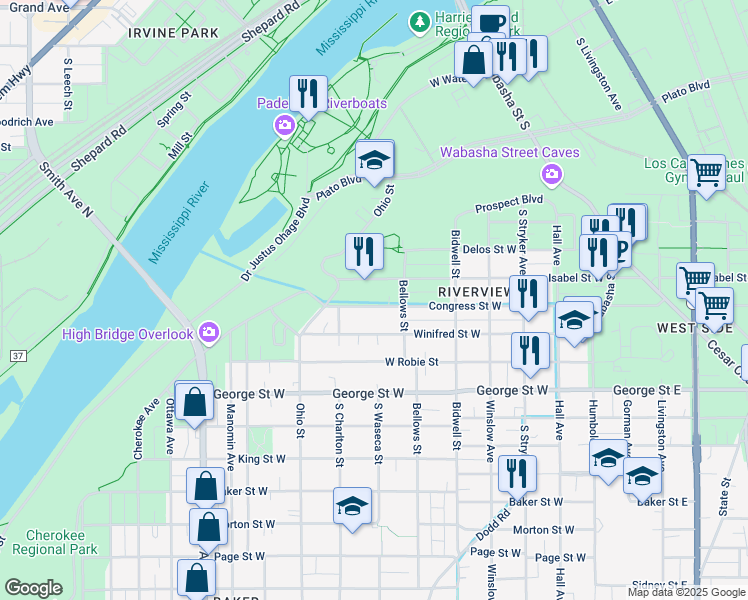 map of restaurants, bars, coffee shops, grocery stores, and more near 197 Congress Street West in Saint Paul