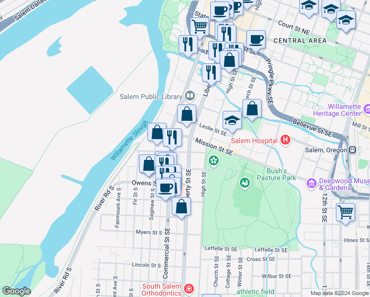 map of restaurants, bars, coffee shops, grocery stores, and more near 851 Liberty Street Southeast in Salem