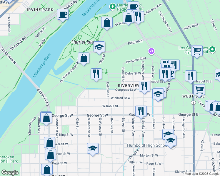 map of restaurants, bars, coffee shops, grocery stores, and more near 177 Congress Street West in Saint Paul