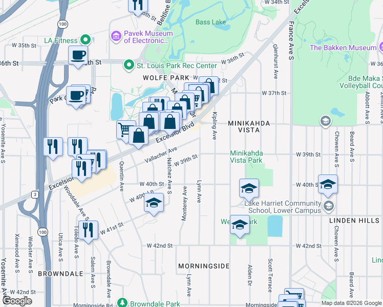 map of restaurants, bars, coffee shops, grocery stores, and more near 4508 West 39th Street in Minneapolis