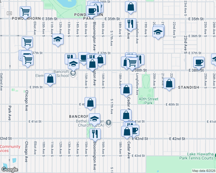 map of restaurants, bars, coffee shops, grocery stores, and more near 1612 East 39th Street in Minneapolis