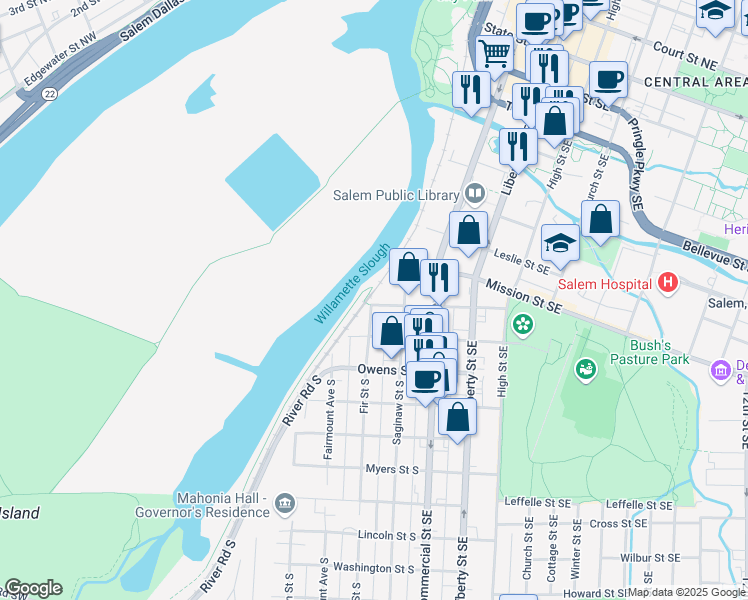 map of restaurants, bars, coffee shops, grocery stores, and more near 295 Kearney Street South in Salem