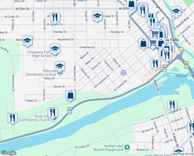 map of restaurants, bars, coffee shops, grocery stores, and more near 805 West Willow Street in Chippewa Falls