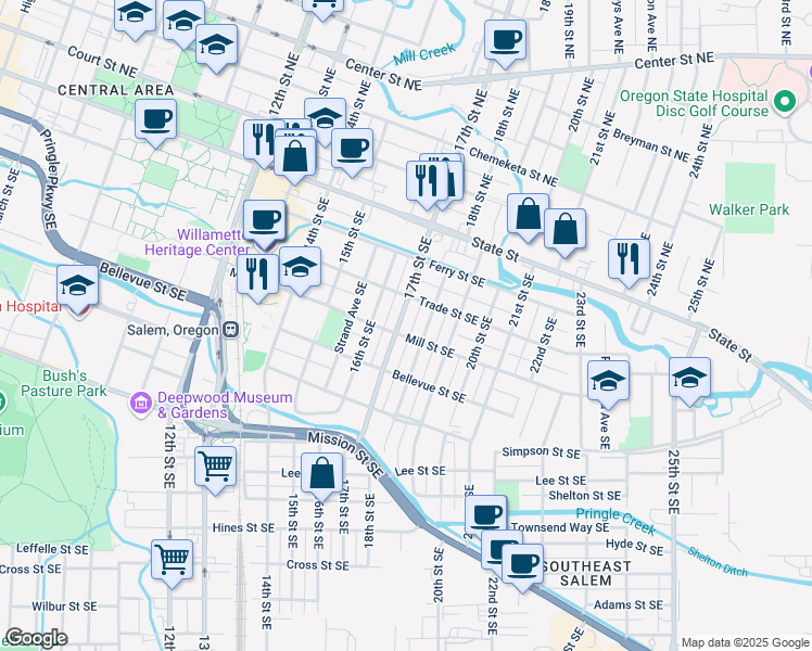 map of restaurants, bars, coffee shops, grocery stores, and more near 380-386 17th Street Northeast in Salem